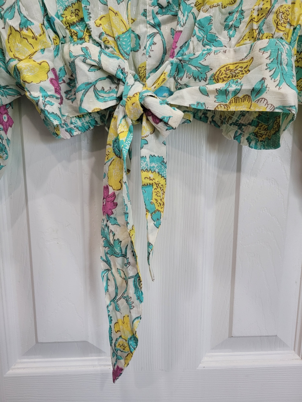 Rachel Roy Floral Tie Front Blouse L NWT Balloon Sleeve Cropped Boho Top - Picture 8 of 10